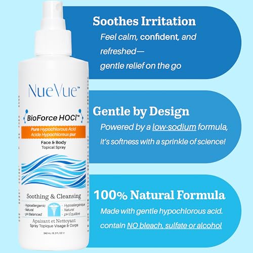 BioForce HOCl - Pure Hypochlorous Acid Spray for Face & Body - Acne-Prone Skin & Eczema, Piercing aftercare, Made in Canada, Gentle Skin Cleanser & Toner, pH Balanced, Non-comedogenic - NueVue (8.2oz)
