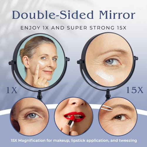 15X Magnifying Tabletop Mirror on Stand - Dual Sided 15x and 1x Cosmetic Mirror for Desk, Dressing Table, Bathroom Countertop - 6" Wide & 9" Tall (Black)