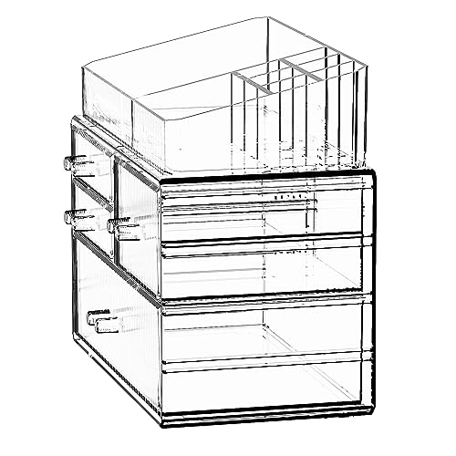 ZHIAI Stackable Storage Drawer, Acrylic Organizer, Cosmetic Organizer for Dresser, Vanity, Kitchen Cabinet, Bathroom, Under Sink, Home Organization and Storage (1 Top 3 Drawers)