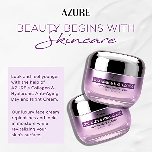 Azure Cosmetics Collagen & Hyaluronic Acid Face Moisturizer - Dermatologist Tested, Anti-Aging Cream for Fine Lines & Wrinkles - Ultra Hydrating Face Cream - Korean Skin Care - Day & Night Duo Set
