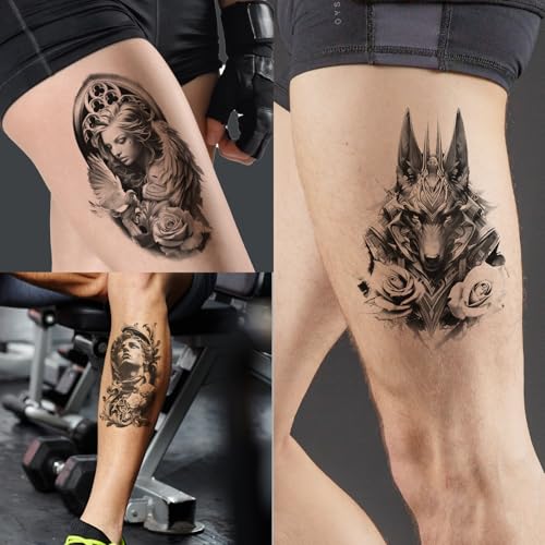 24 Sheets 8-Inch Temporary Tattoos Fake Tattoos Temporary Tattoos Adult Tatuajes Temporales Para Hombres 3D Halloween Style Lion Tiger Skull Jesus Angel Cowboy Mythology