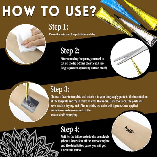 Temporary Tattoo Stencil Kit, 4 Pcs Tattoo Cones 4 Color (Black/Maroon/Cherry Red/Blue) 44 Tattoos Templates and Cotton Swabs, DIY Body Art Skin Painting Designs for Valentine's Gifts
