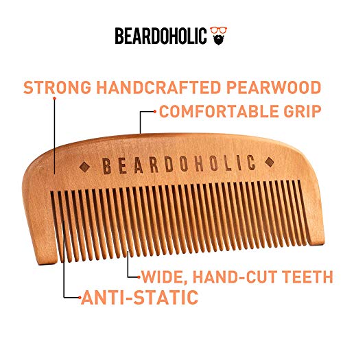 Beardoholic Beard Balm, Comb and Shaping Tool Set ? 100% All Natural, 100% Pearwood ? Anti-Static, Eliminates Tangles and Ingrown Hairs, Itch and Dandruff ? Shape and Style Beard With Ease