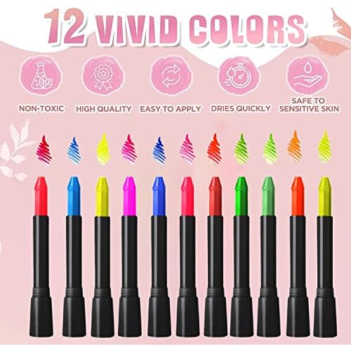 12 Colors Glow In The UV Black Light Face & Body Paint, Black Light Glow Body Paint Makeup Fluorescent Neon Face Painting Crayons Kit for Halloween Costume Holiday Masquerades Club Makeup