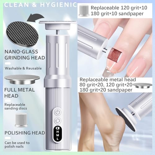 Electric Foot Callus Remover with Nano-Glass Head&Rechargeable Base,6 Speeds Cordless Electric Foot File with Digital Display,Callus Remover for Feet Dead Skin Home Spa Salon with 60Pcs Sandpaper Disk