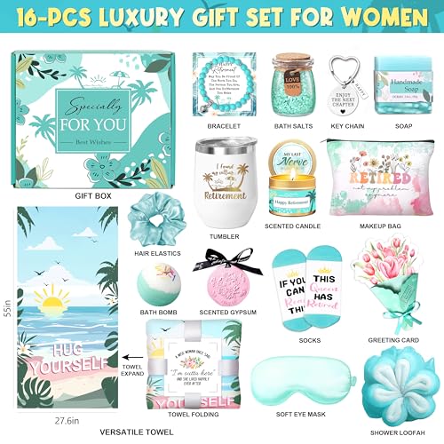 Retirement Gifts for Women 2025, 16 pcs Happy Retirement Gifts for Teacher Nurse Mom Grandma Colleague Coworker Friend Boss, Best Retirement Gift Basket Set, Retirees Gift With Tumbler