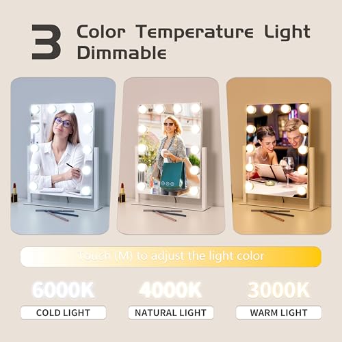 Vanity Mirror with Lights,Lighted Vanity Mirror with 12 Dimmable Bulbs for Dressing Room & Bedroom,3 Color Lighting,Modes Detachable 10x Magnification 360¡ÆRatation (White) 14.6" L x 17" W