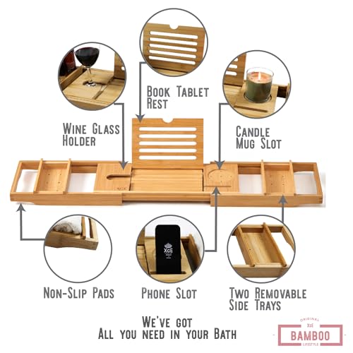 XcE Bamboo Bathtub Caddy Tray - Expandable to 41 Inches with Book Stand, Soap Holder & Anti-Slip Pads for Luxury Bath Spa, Natural