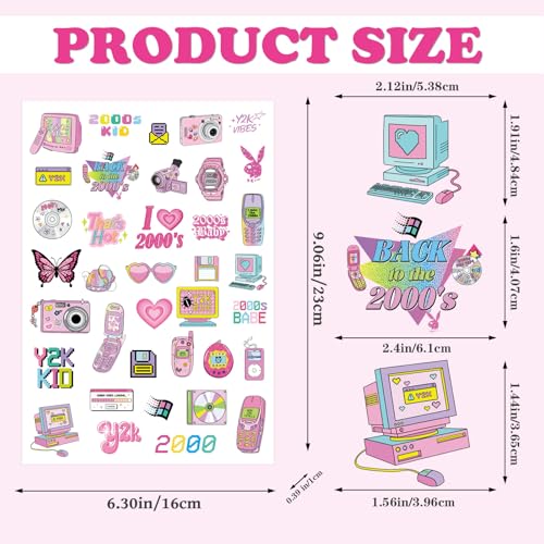 Y2K Temporary Tattoos Decor, 200+ Y2k Birthday Party Decorations, Cool 2000s Cyber Trendn Tattoo Stickers for Teens Retro 00s Bachelorette Party Favors Supplies
