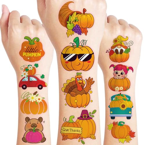 96 PCS Happy Thanksgiving Fall Autumn Pre-Cut Temporary Tattoos for Kids | Super Cute Themed Birthday Party Favors, Supplies, Decorations, Fake Tattoo Stickers, School Rewards Gifts Boys Girls