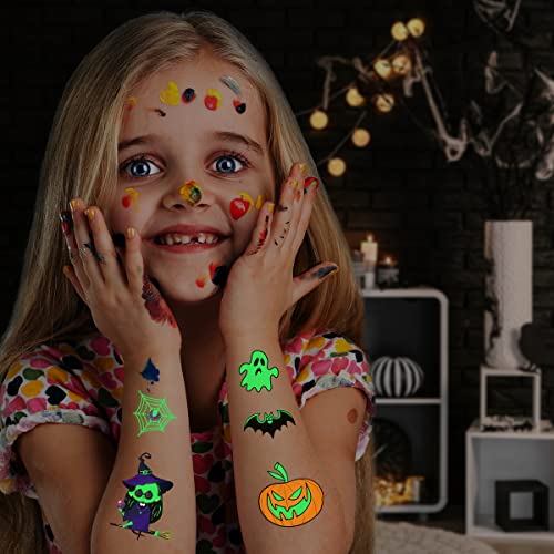 JCFIRE Halloween Temporary Tattoos for Kids, Glow in Dark Tattoos Stickers with Pumpkin Skull Ghost Monster for Halloween Party Favors Decorations, Party Games for Kids