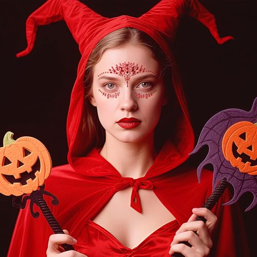 Red Face Gems Rhinestone Temporary Tattoo Sticker Halloween Eye Body Face Tattoos Party Makeup Self-Adhesive Face Jewels Crystal Makeup Diamonds Holiday Festival Party Supplies 2PCS