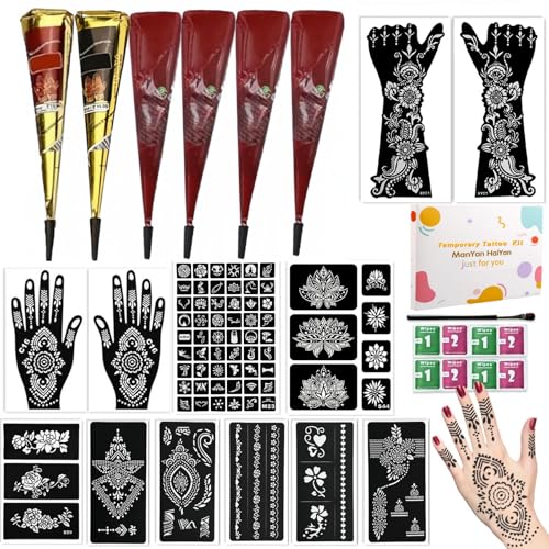 12 Sheets Temporary Tattoo Stencils Kit-Large 78 Pcs Tattoo Patterns-6 Pcs (Brown/Black/Maroon) Ink with Paint Brush for DIY Body Art-Tattoos for Women Men Kids