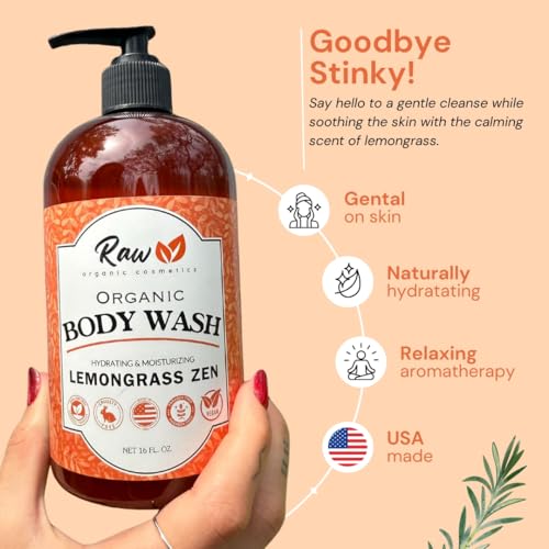 USDA Organic Lemongrass Body Wash for Sensitive Skin - pH 5.5 Balanced Shower Gel with Shea Butter & Essential Oils - Aromatherapy, Sulfate-Free, Vegan, 16 oz - Made in USA