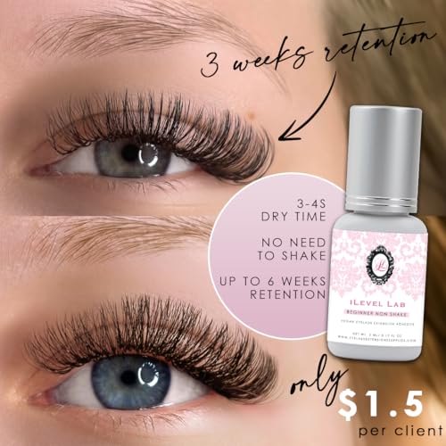 Beginner Non Shake Extra Strong Eyelash Extension Glue iLevel Lab 0.17fl.oz / 5ml. 3-4 Sec Drying Time/Retention 4 Weeks/Black Adhesive/Professional Supplies for New Lash Tech Artists