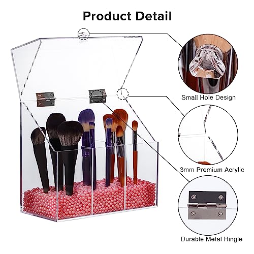Acrylic Makeup Brush Holder with Lid - Clear Cosmetic Make up Brush Organizer and Storage Box with Dustproof Cover for Vanity - Large Capacity 3-Slots Container for Brushes (White)