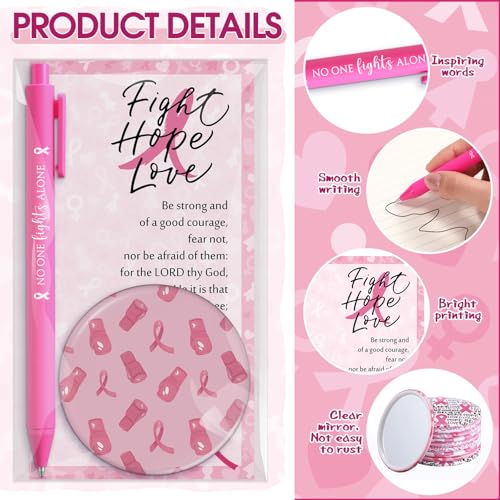 Pinkunn 75 Sets Breast Cancer Awareness Accessories Bulk Breast Cancer Gift for Women Compact Mirrors with Pink Ribbon Boxing Glove Design, Ballpoint Pens, Motivational Cards Charity Party Favors