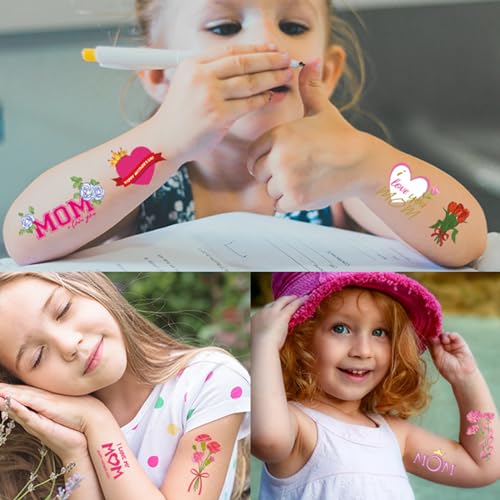 10 Sheets Mom Heart Flowers Temporary Tattoos Stickers Happy Mother's Day for Women Men Boys Girls Body Face Art Decal Decoration Supplies