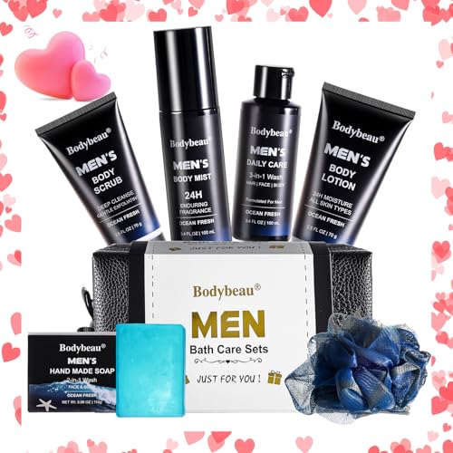 Men's Bath and Body Spa Gift Set - 7-Piece Kit with Daily Care 3-in-1 Wash, 2-in-1 Handmade Soap & Travel Bag - Father's Day/Birthday/Christmas Gifts for Dad, Husband Son from Family