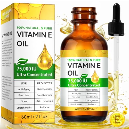 Organic Vitamin E Oil 2.02 fl.oz, 100% Pure & Natural Vitamin E Oil Blend 75,000 IU, for Skin Face and Scars, Body Bath Oil Moisturizing Dry Skin and Winkles for Healthy Radiant Skin