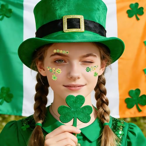 88pcs St Patricks Day Temporary Tattoos Glitter Shamrock Face Tattoos Clover Body Stickers for Irish Party Favors Parades Accessories Saint Patricks Day Decorations(face88)