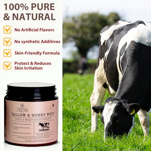 Grass-Fed Beef Tallow Moisturizer with Honey & Beeswax ? Whipped Tallow Face Cream for Deep Hydration ? Natural Face & Body Balm for Dry, Sensitive Skin ? 4.2 oz for Men & Women