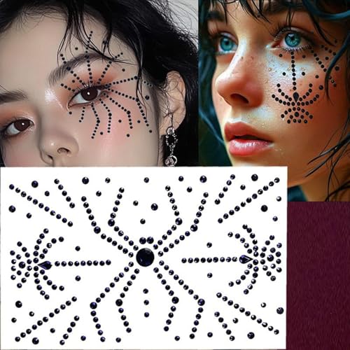 Halloween Face Gems 2Pcs Black Spider Face Jewels Spider Web Rhinestone Tattoo Stickers Self Adhesive Crystal Temporary Tattoos Stickers for Halloween Cosplay Makeup Festival Rave Party