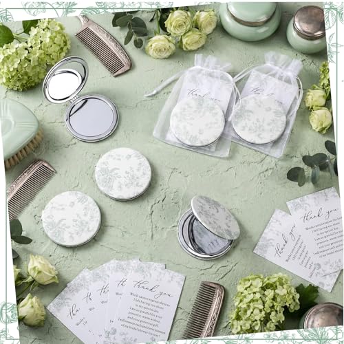 24 Sets Green Floral Bridal Shower Favors for Guest Flower Folding Leather Compact Makeup Mirror Bulk Thank You Cards with Organza Bags for Bridesmaid Souvenir Gift Wedding Party