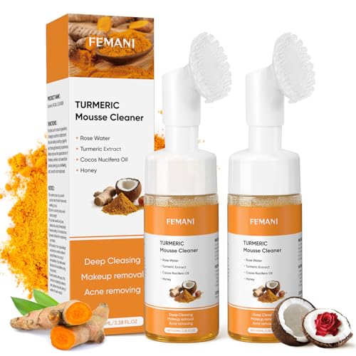 femani 2pcs Glow Wash Turmeric Face Wash With Brush, Deep Cleansing Exfoliating Foaming Facial Cleanser, Improve Skin Condition