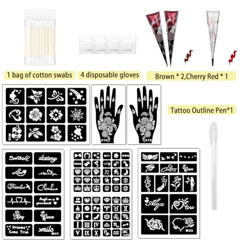 Temporary Tattoo Kit for Teens & Adults ? 3 Tattoo Pastes (2 Brown+Cherry Red), 100pcs Reusable Stencils, Outline Pen, Long Lasting Waterproof Body Art, DIY Skin Painting for Festivals, Parties Makeup