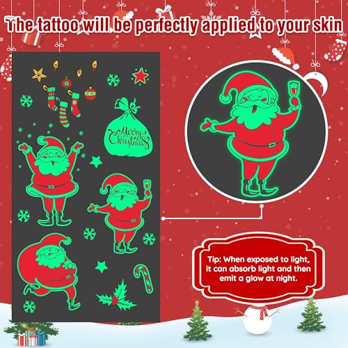 243PCS Christmas Tattoos, 12Sheets Christmas Party Favors, Luminious Xmas Tattoos Stocking Stuff, Xmas Stickers, Bulk Xmas Holiday Ugly Sweater Party Supplies Accessories Candy