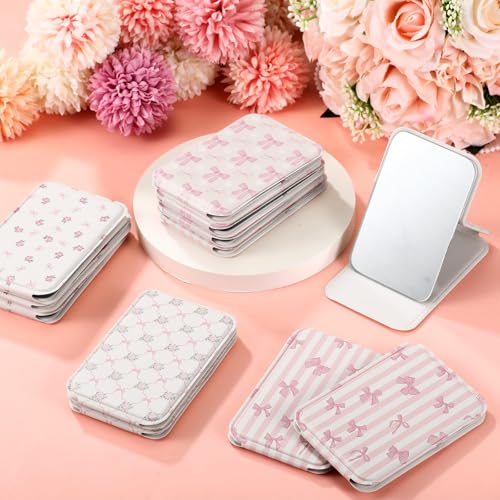 Geelin 12 Pcs Compact Mirror Bulk Mini Pocket Mirrors for Women Travel Folding Mirror Portable Hand Mirrors for Party Gift Camping Office Home(Pink Bow)