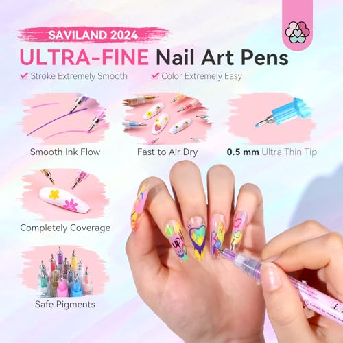 Saviland Nail Art Supplies Kit: 12 Colors 0.5mm Nail Polish Pens for Nail Art & PU Leather Nail Polish Organizer Bag Holds 30 Bottles, Nail Lamp & Manicure Tools