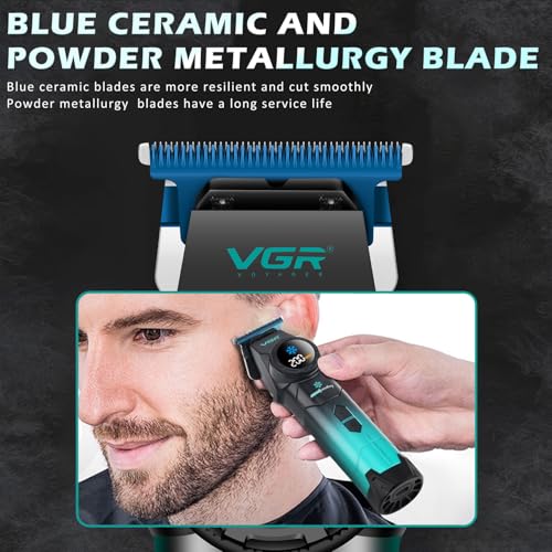 VGR 946 Hair Trimmer for Men, Professional Beard Trimmer for Men with Blue Ceramic Blade & Cooling Button, 8000RPM BLDC Motor Barber Clippers, Cordless Mens Hair Clippers with LED Display