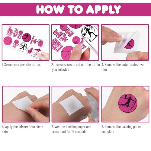 100 PCS Basketball Pink Temporary Tattoos Themed Birthday Party Decorations Favors Supplies D?cor Olympic Sports Game Tattoo Stickers Gifts For Game Boys Girls Classroom School Prizes Reward