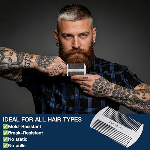Pocket Comb for Beards, Mustache Comb & Hair Beard Comb for Men Ultra-thin, Stainless Steel, Anti-static with PU Leather Case (silvery)