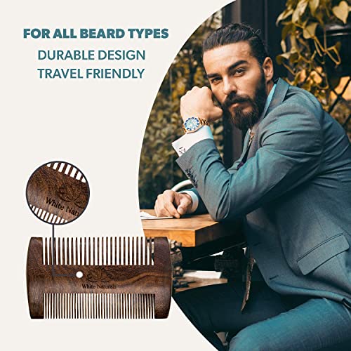 White Naturals Beard Comb for Men, Wooden Natural Sandalwood, Fine Dual Action Teeth, Handmade Premium Sandal Wood, Perfect for Balms and Oils, Includes PU Leather Case, Pocket Size