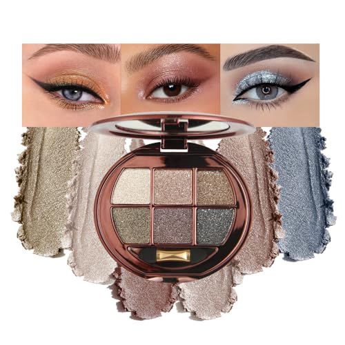 6 Colors Shimmer Eyeshadow Palette with Mirror, Neutral Nude Eye Shadow Matte & Glitter Shades Highly Pigmented Blendable Waterproof Long-Lasting Natural Smokey Eye Makeup Palette for Women 2#