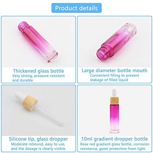 10Pcs Eye Dropper Set, 10ml (1/3oz) Rose Red Gradient Thickened Glass Bottles with Funnels & Droppers, Sample Vials for Essential Oils Perfumes