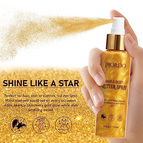 Body Glitter Spray, Shimmer Spray, Gold Glitter for Hair and Body, Glitter Hairspray, Spray for Women Makeup Party Festival Rave 4FL.OZ