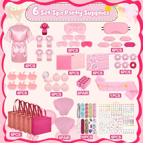 6 Set Girls Spa Party Supplies Kit 83 PCS Includes Satin Robes Headbands Slippers Nail Kit Masks Towel Brush Set for Birthday Sleepover Pink, Hot Pink Birthday Theme