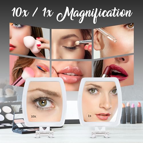 High Magnification Travel Hand Mirror - Foldable 10X & 1X Magnifying Makeup Mirror, 3-in-1 Handheld Mirror, Hanging Mirror, Table Mirror - 3.3" x 7.3" (Unfolded) / 3.3¡± x 4.4¡± (Folded)