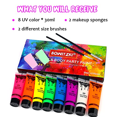 Bowitzki UV Neon Face and Body Paint 8 x 30ml /1 oz Liquid Large Kit Black Light Glow in the Dark Makeup Set Fluorescent Painting for Adults Music Festivals Party Halloween Christmas