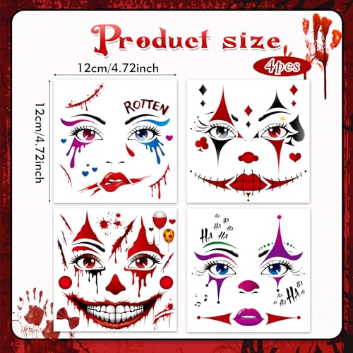HOWAF 4 Sheets Halloween Clown Face Tattoos Joker Full Face Temporary Tattoos, Hallows' Eve Creepy Clown Evil Costume Tattoo Stickers, Jokers Clowns cosplay Make Up Facial Tattoo
