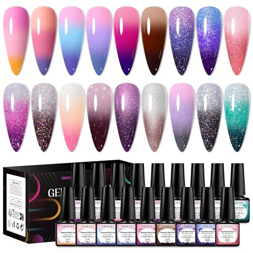 Color Changing Gel Nail Polish Set, 18 Temperature Mood Changing Colors Red Pink Purple, Soak Off UV Light Cure Gel Polish for Salon and Nail Art DIY at Home