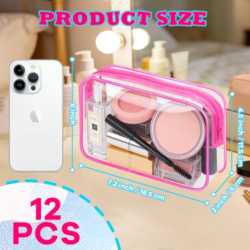 12PCS Clear Cosmetic Bag Transparent PVC Makeup Bag Waterproof Plastic Zipper Pouches Travel Toiletry Organizer Cosmetic Storage Case for Women Traveling Bathroom (Rose Red, Medium)