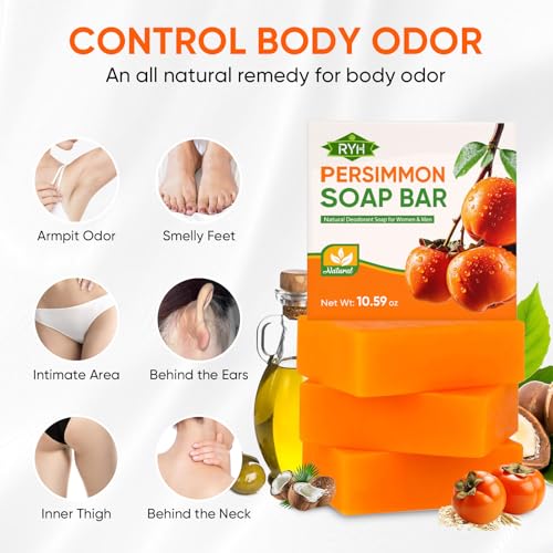 RYH 3 PCS Persimmon Soap Bar for Body Odor Control?Deodorizing & Eliminating Body Odor for Old People Smell, Natural Deodorant Persimmon Bar Soap, Organic Body Wash Soap for Women & Men