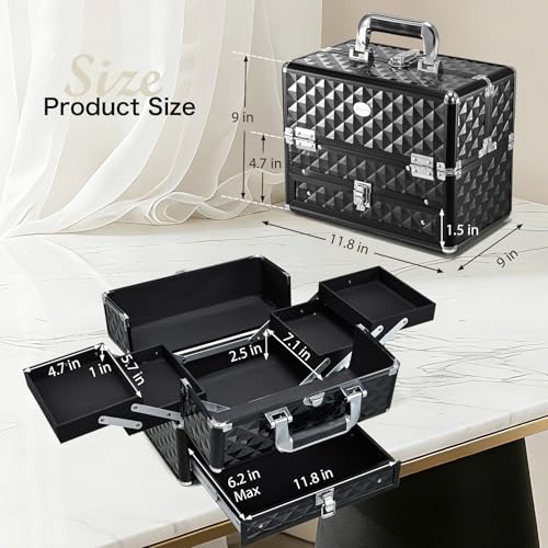 Joligrace Makeup Train Cases Professional Travel Makeup Cosmetic Cases Organizer Portable Box with Drawer Black