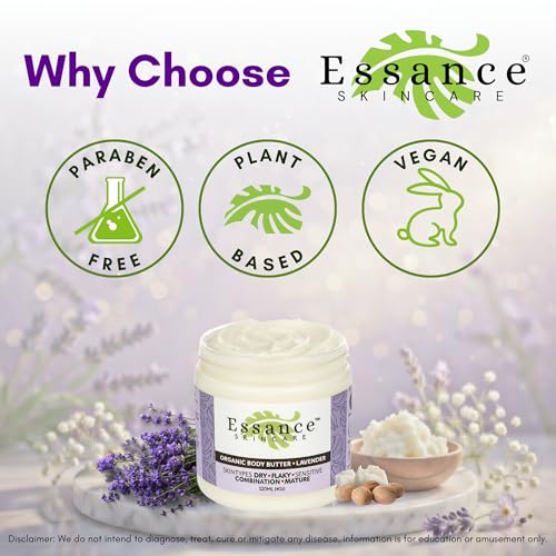 Essance Natural Lavender Body Butter 120mL | Shea Butter Raw Organic Cream for All Skins | Soft Body Cream for Hands, Feet, All Areas | Daily Body Cream for Women, Men