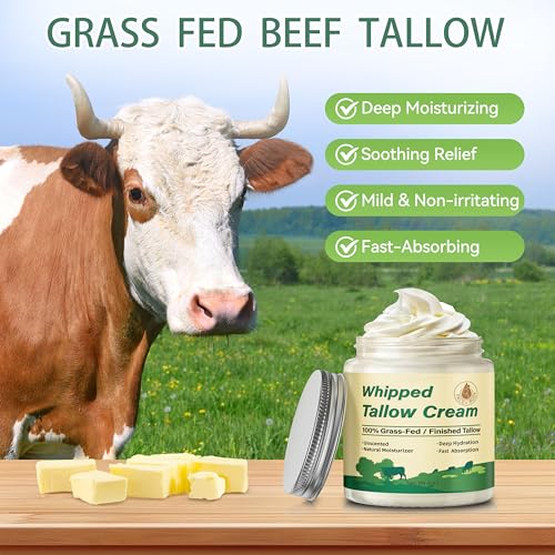 Beef Tallow for Skin, Organic Grass Fed Whipped Beef Tallow Balm for Face & Body, Natural Unscented Tallow Face Moisturizer Cream Deeply Nourishes and Hydrates the Dry Skin, 4oz